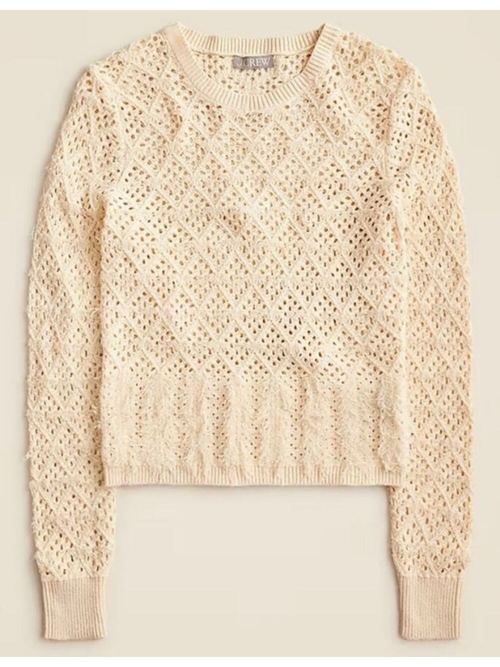 J. Crew Cream Pointelle Knit Fringe Crewneck Long Sleeve Beach Sweater LARGE